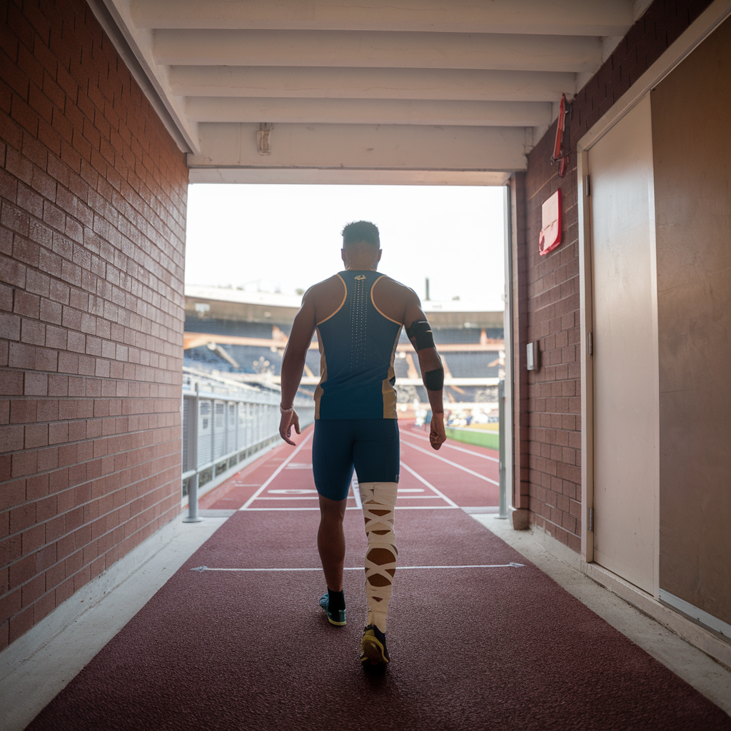 man with a wrapped up leg entering a track and field competition